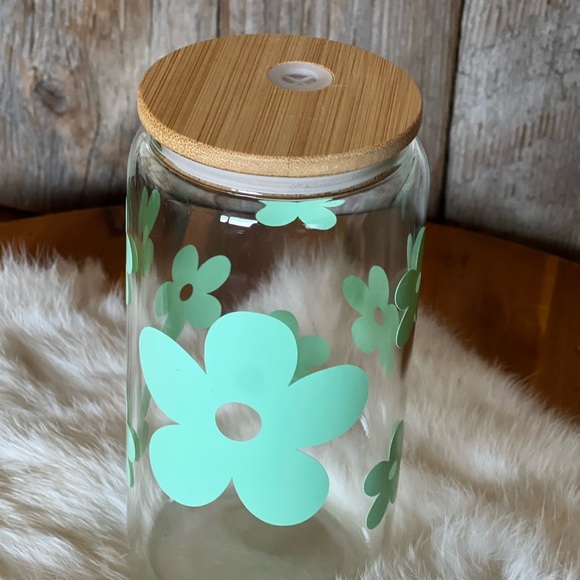 Libbey Iced Coffee Cup Light Green Vinyl Flower - Picture 4 of 5